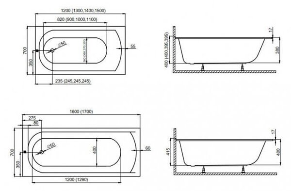 Polimat Akrylátová obdélníková vana Classic Slim 120x70 (130x70, 140x70, 150x70, 150x75, 160x70, 170x70, 170x75, 180x80) Barva: Bílá, Rozměry (cm): 120x70