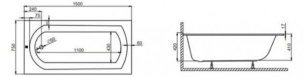 Polimat Akrylátová obdélníková vana Classic Slim 120x70 (130x70, 140x70, 150x70, 150x75, 160x70, 170x70, 170x75, 180x80) Barva: Bílá, Rozměry (cm): 120x70