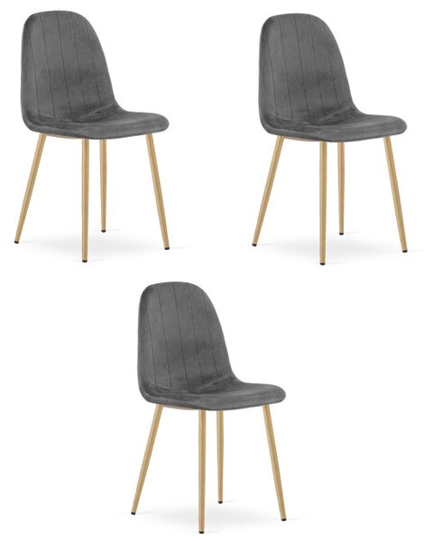 Set tří jídelních židlí PADVA sametové tmavě šedé / hnědé nohy (3 ks)