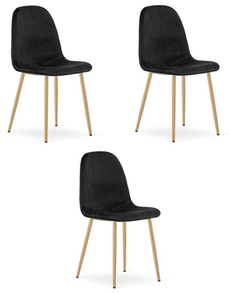 Set tří jídelních židlí PADVA sametové černé / hnědé nohy (3 ks)