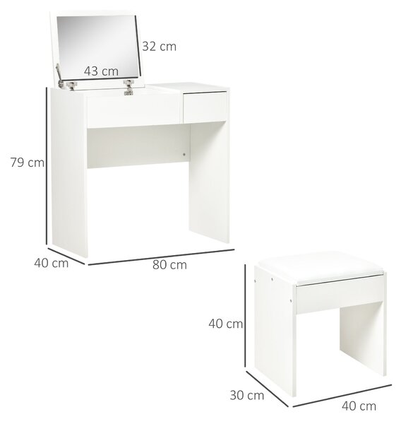 HOMCOM Moderní toaletní stolek 80Š x 40H x 79V cm se sklopným zrcadlem, zásuvkou a úložným prostorem + stůl | Aosom