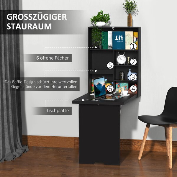 HOMCOM Skládací nástěnný stůl s tabulí - Skládací stůl pro kancelář, černý, 60 x 94,5 x 147 cm | Aosom