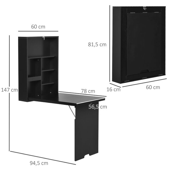 HOMCOM Skládací nástěnný stůl s tabulí - Skládací stůl pro kancelář, černý, 60 x 94,5 x 147 cm | Aosom