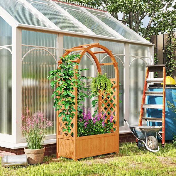 Zahradní vyvýšený záhon s treláží a obloukovou střechou, dřevěný kryt vyvýšeného záhonu 83x36x145cm pro zahradní balkon a terasu, květinový box pro po