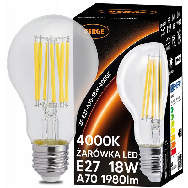 LED žárovka s vláknem E27 - 18W - neutrální bílá BERGE