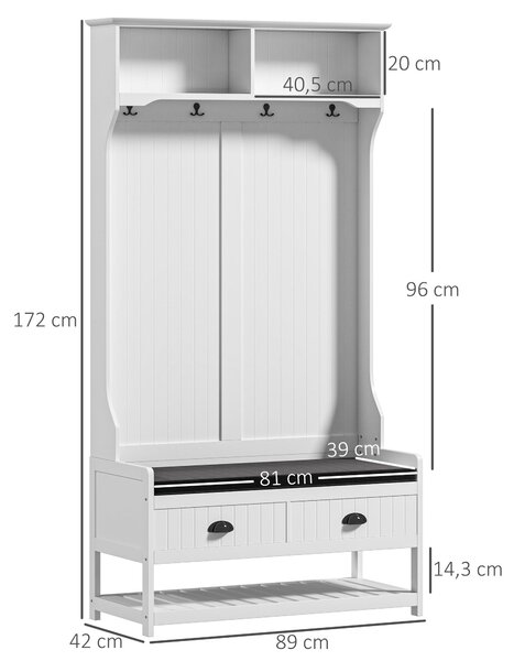 HOMCOM 2-in-1 Stojan na kabáty, Clothes Rack se 4 háčky, Skříňka s botníkem a policemi, Stojan na kabáty s protišmykovou ochrany, do předsíně, chodby