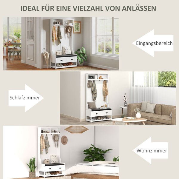HOMCOM 2-in-1 Stojan na kabáty, Clothes Rack se 4 háčky, Skříňka s botníkem a policemi, Stojan na kabáty s protišmykovou ochrany, do předsíně, chodby