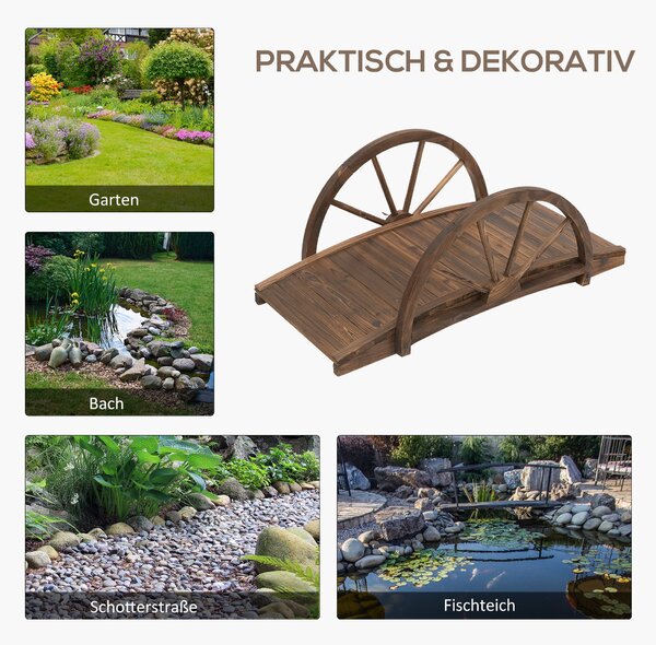 Dřevěný zahradní most Outsunny s designem kol, most přes rybník do 150 kg nosnosti, dekorativní most, zahradní park dvůr 100 x 50 x 37 cm Uhlově šedá
