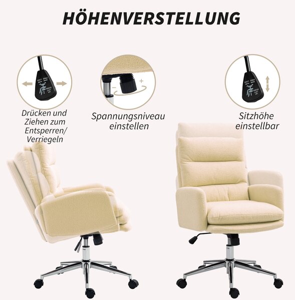 HOMCOM Ergonomická kancelářská židle s opěrkou na ruce, design z umělé ovčí vlny, výškově nastavitelná otočná židle s funkcí náklonu, polstrovaná kanc