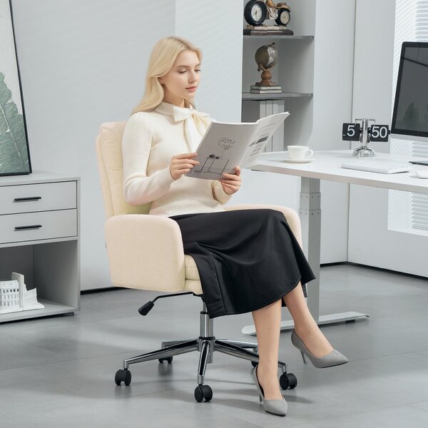 HOMCOM Ergonomická kancelářská židle s opěrkou na ruce, design z umělé ovčí vlny, výškově nastavitelná otočná židle s funkcí náklonu, polstrovaná kanc