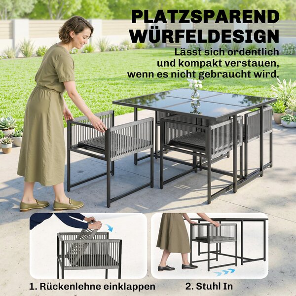Outsunny 5dílný venkovní jídelní set – čtvercový stůl z tvrzeného skla a 4 skládací židle, světle šedá | Aosom