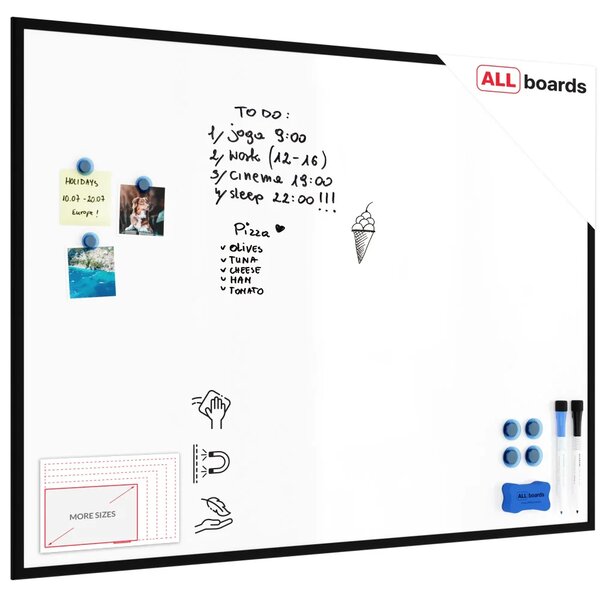 Magnetická suchostěrná tabule bílá 120 × 90 cm – černý dřevěný rám, TM129BK
