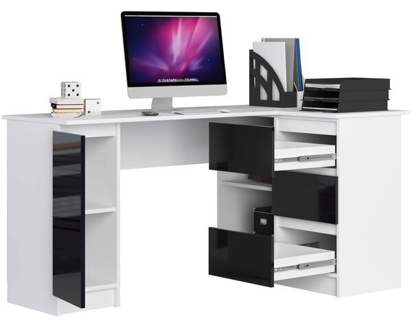 Ak furniture Rohový psací stůl B20 155 cm bílý/černý lesk pravý