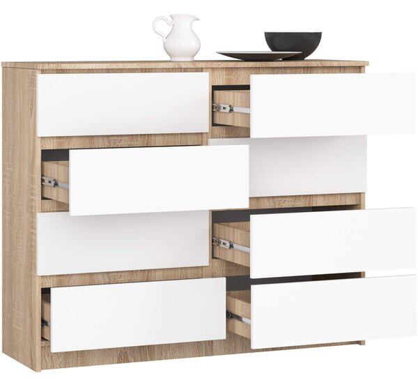 Ak furniture Komoda Kuba 120 cm 8 šuplíků dub sonoma/bílá