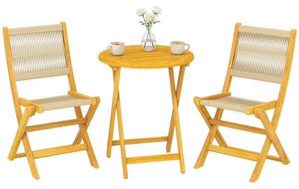 Outsunny 3dílný venkovní bistro set z akáciového dřeva – kulatý stůl + 2 skládací židle s PP provazem, přírodní | Aosom