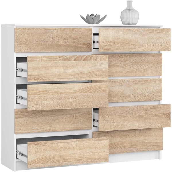Ak furniture Komoda Kuba 140 cm 10 šuplíků bílá/dub sonoma