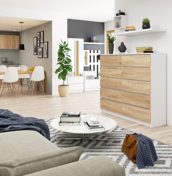 Ak furniture Komoda Kuba 140 cm 10 šuplíků bílá/dub sonoma