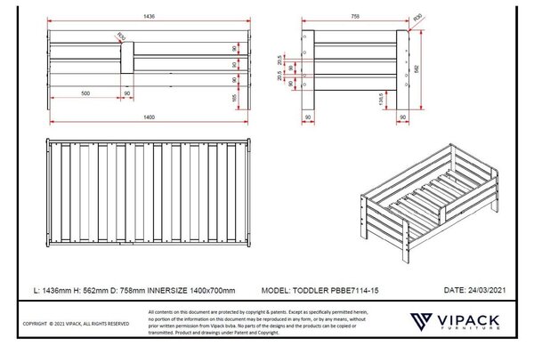 Bílá borovicová dětská postýlka Vipack Toddler II. 70 x 140 cm