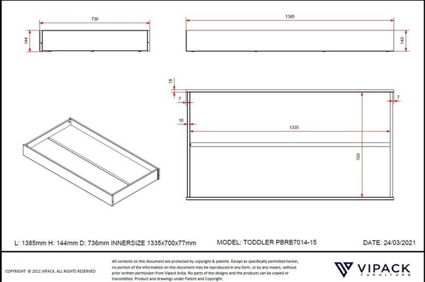 Bílá borovicová zásuvka k posteli Vipack Toddler 138 x 73 cm