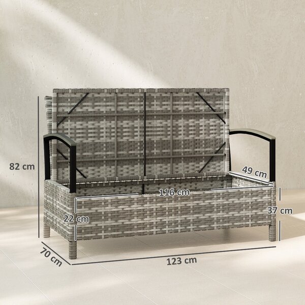 Outsunny dvoumístná zahradní úložná lavice s polstrem a úchyty — 125 l venkovní box, poly ratan, tmavě šedá (123 x 70 x 82 cm) | Aosom