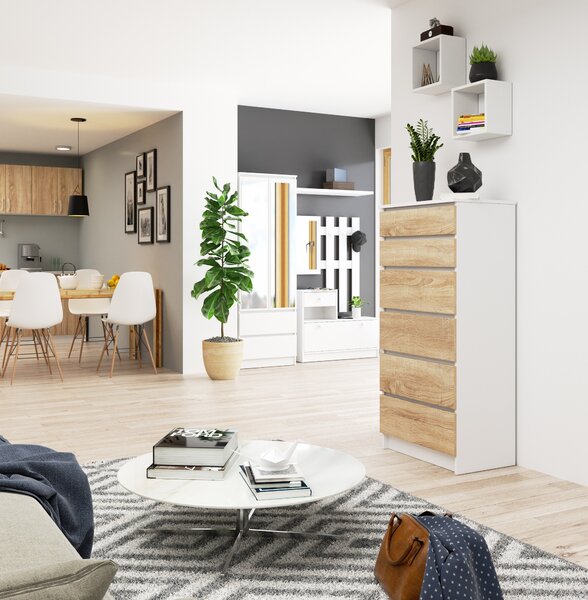 Ak furniture Komoda Kuba 60 cm - 6 šuplíků bílá/sonoma