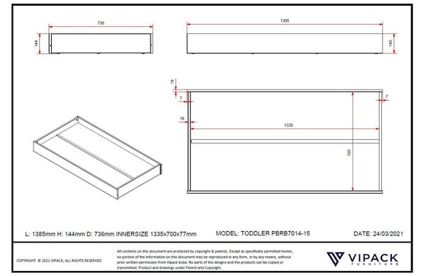 Šedá borovicová zásuvka k posteli Vipack Toddler 138 x 73 cm