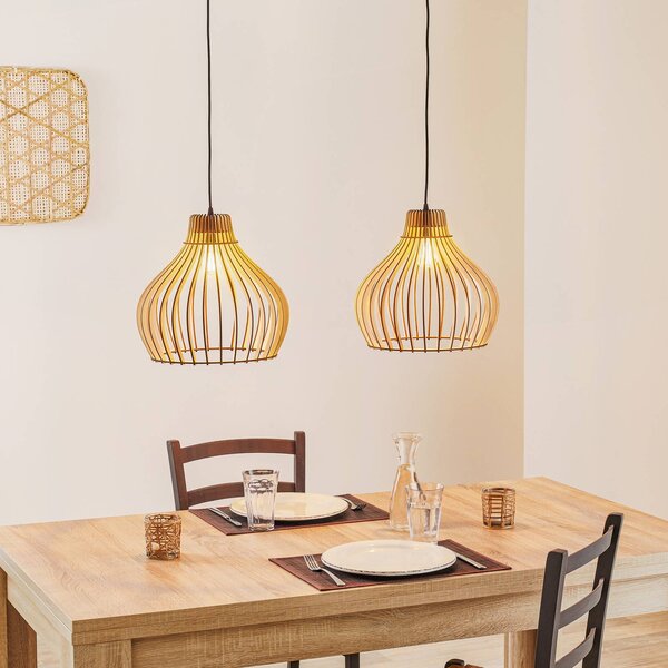 TEMAR LIGHTING Závěsné světlo Barrel dvouplamenné, stmívatelný, Světlé dřevo, Obývací pokoj / jídelna, Dřevo, Venkovský / rustikální