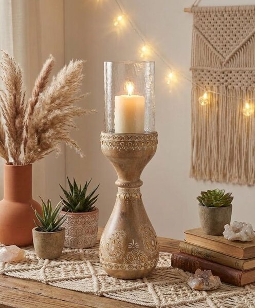 Malovaný dřevěný kulatý svícen s korálky Boho Mango wood - Ø 13*46 cm - J-Line by Jolipa