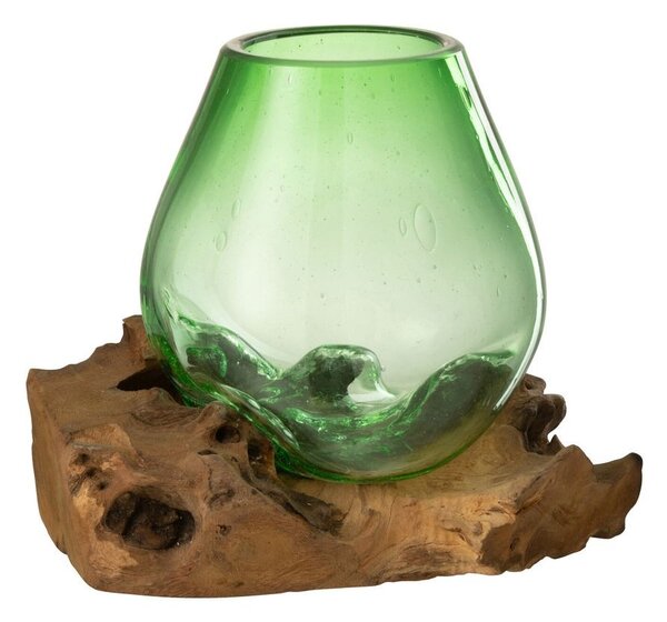 Zelená skleněná váza na dřevu Gamal L - 23*19*19 cm - J-Line by Jolipa