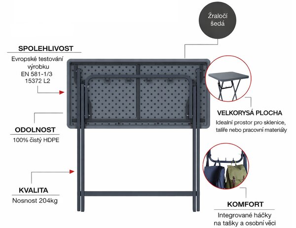 ZOWN Profesionální skládací barový stolek 122 × 61 cm s háčky na kabelky