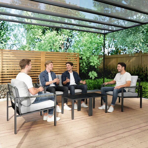 Outsunny 5dílná odolná venkovní sedací souprava pro 4 osoby – 2místná pohovka, 2 křesla s polštáři, 2 stolky, světle šedá | Aosom