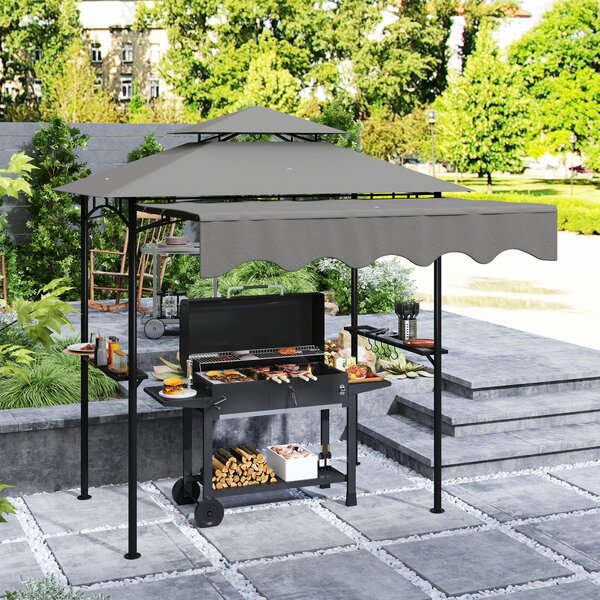Outsunny přístřešek na gril 242 × 149 × 248 cm — voděodolná, nehořlavá dvojitá střecha, boční police, UV30+, šedý | Aosom