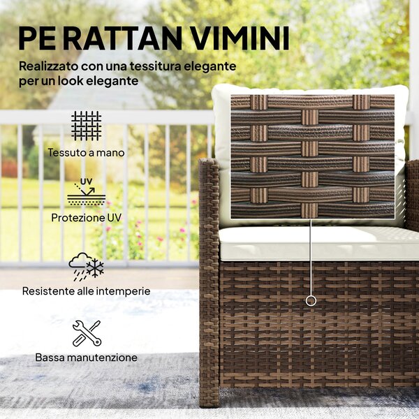 Outsunny 3dílný PE ratanový zahradní set — 2 křesla s polstrováním a konferenční stolek se skleněnou deskou, hnědá/krémová — balkon/terasa | Aosom