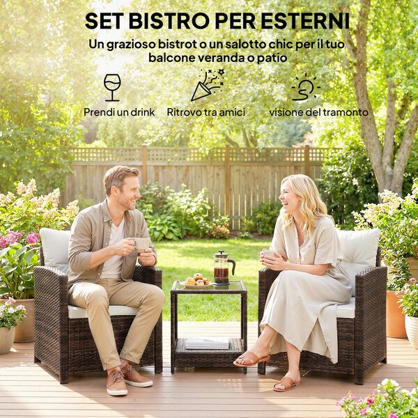 Outsunny 3dílný PE ratanový zahradní set — 2 křesla s polstrováním a konferenční stolek se skleněnou deskou, hnědá/krémová — balkon/terasa | Aosom