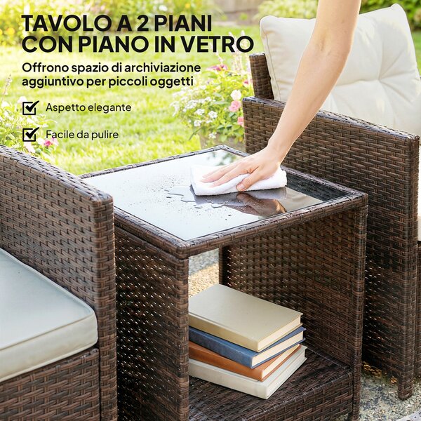 Outsunny 3dílný PE ratanový zahradní set — 2 křesla s polstrováním a konferenční stolek se skleněnou deskou, hnědá/krémová — balkon/terasa | Aosom