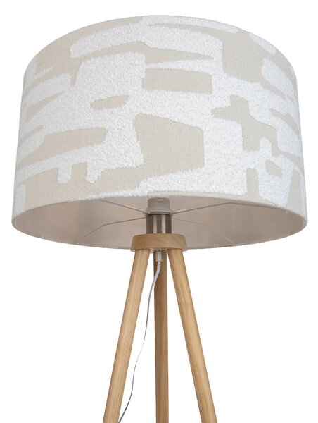 Dřevěná trojnožka stojací lampa s bílým a béžovým pruhovaným stínidlem 50cm - Lou
