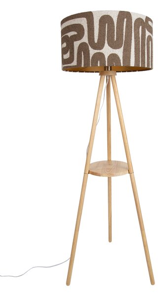 Stojací lampa trojnožka dřevěná s béžovým a hnědým pruhovaným stínidlem 50 cm - Lou