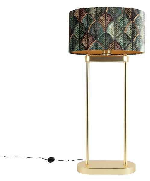 Mosazná stojací lampa s oválným stínidlem s motivem listů a zlatým interiérem 35 cm - Thijmen