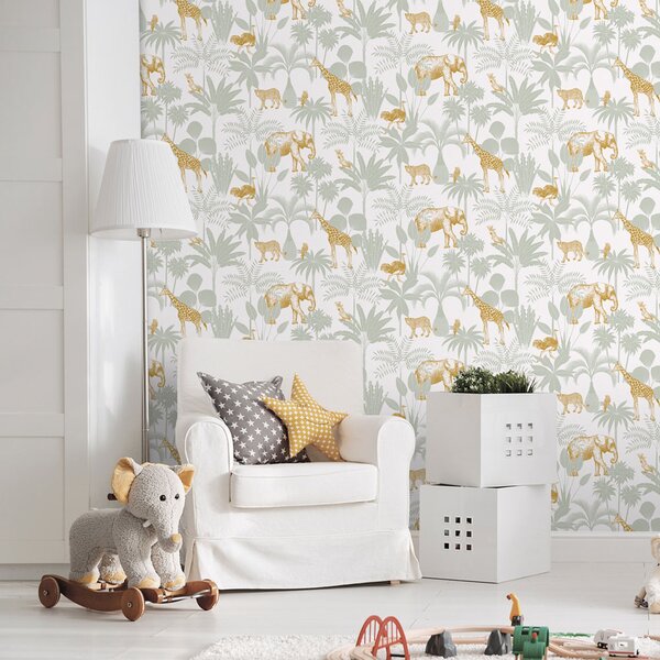 Dětská vliesová tapeta s palmami a zvířátky, 976-4, Mika, ICH Wallcoverings