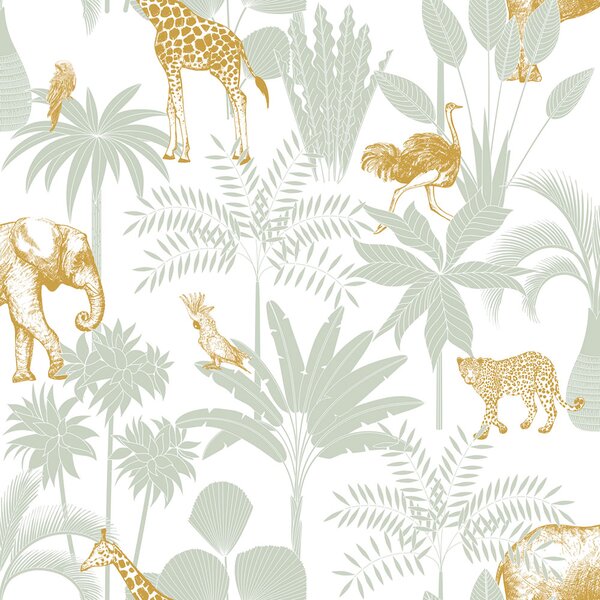 Dětská vliesová tapeta s palmami a zvířátky, 976-4, Mika, ICH Wallcoverings