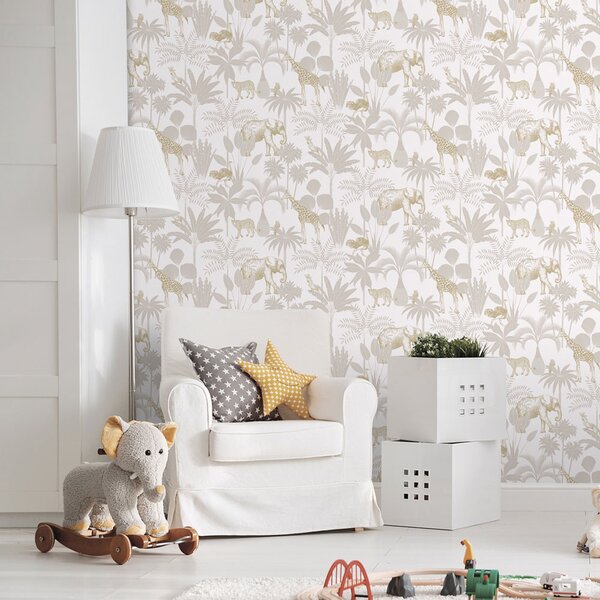 Dětská vliesová tapeta s palmami a zvířátky, 976-1, Mika, ICH Wallcoverings