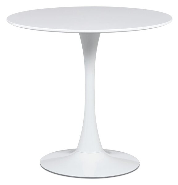 Jídelní stůl DT-580 WT průměr 80 cm, deska bílý mat, podnož kov bílý vysoký lesk, VÝPRODEJ