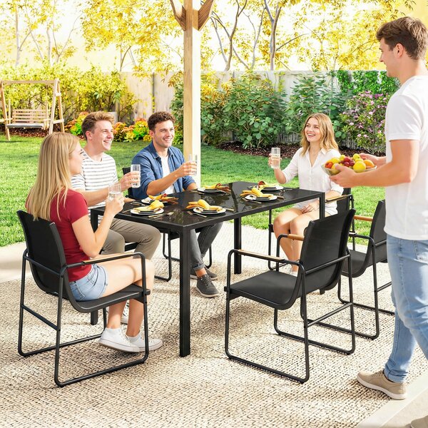 Outsunny 7dílná venkovní jídelní souprava 150×80 cm — tvrzené sklo, 6 prodyšných židlí | Aosom