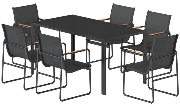 Outsunny 7dílná venkovní jídelní souprava 150×80 cm — tvrzené sklo, 6 prodyšných židlí | Aosom
