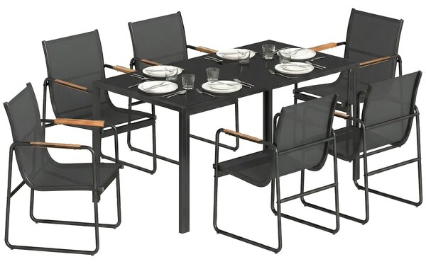 Outsunny 7dílná venkovní jídelní souprava 150×80 cm — tvrzené sklo, 6 prodyšných židlí | Aosom