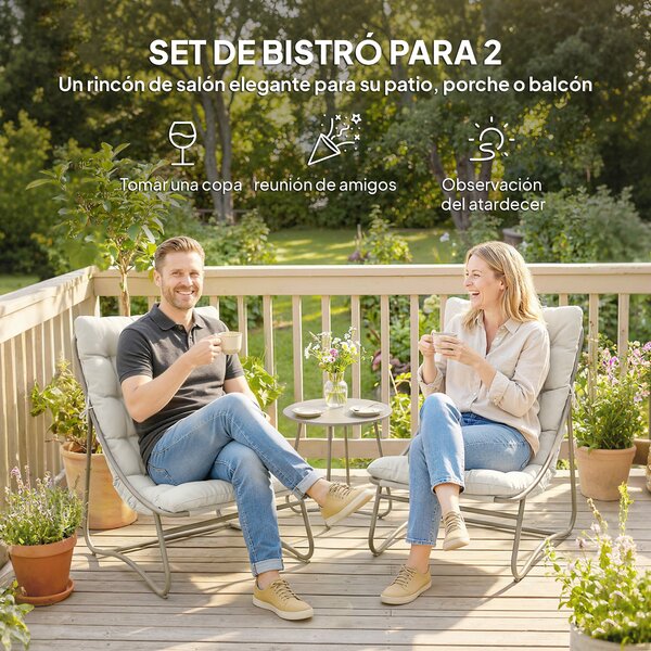 Outsunny 3dílný venkovní bistro set s polstry — 2 prodyšná křesla a kulatý stolek, žárově pozinkovaná ocel, světle šedý | Aosom
