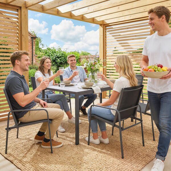 Outsunny 7dílná venkovní jídelní souprava – stůl s efektem dřeva a 6 prodyšných síťovaných židlí, pozinkovaný rám, černá | Aosom