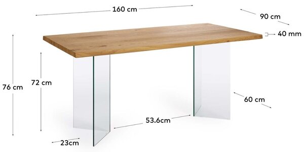 Dubový jídelní stůl Kave Home Lotty 160 x 90 cm se skleněnou podnoží