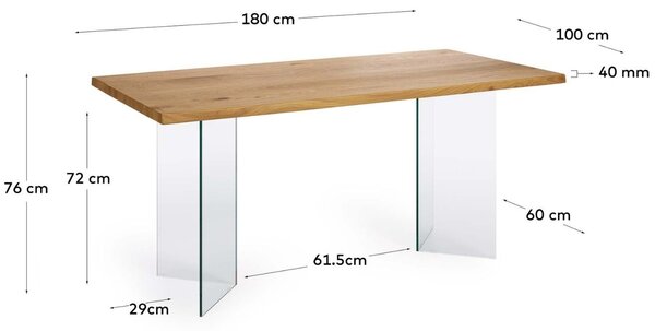 Dubový jídelní stůl Kave Home Lotty 180 x 100 cm se skleněnou podnoží