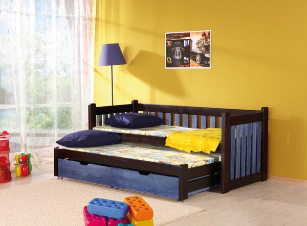 Rozkládací postel Filip s úložným prostorem 90x200 cm (Š 97 cm, D 208 cm, V 80 cm), Šedý akryl, Modrý akryl, 2 ks matrace (1 ks hlavní + 1 ks přistýlka), bez zábranky